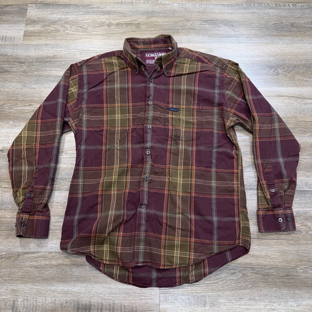 VTG Tradition Plaid Shirt Mens Extra Large Burgundy Green Gold Check Pattern